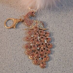 Pink Faux Fur Pom Pom Keychain with Gold/pink/clear Rhinestone Peacock Bag Charm